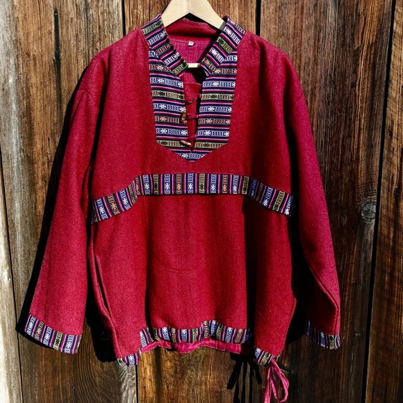 Other - Nepalese Wool Pullover Deep Red with Patterned woven Trim Size XL
